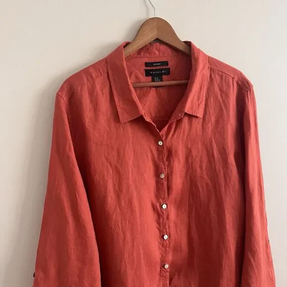 Tahari Linen Button Up Tunic Top Sz 3X Orange Lagenlook Lagom Long Sleeve Boho - Picture 7 of 10